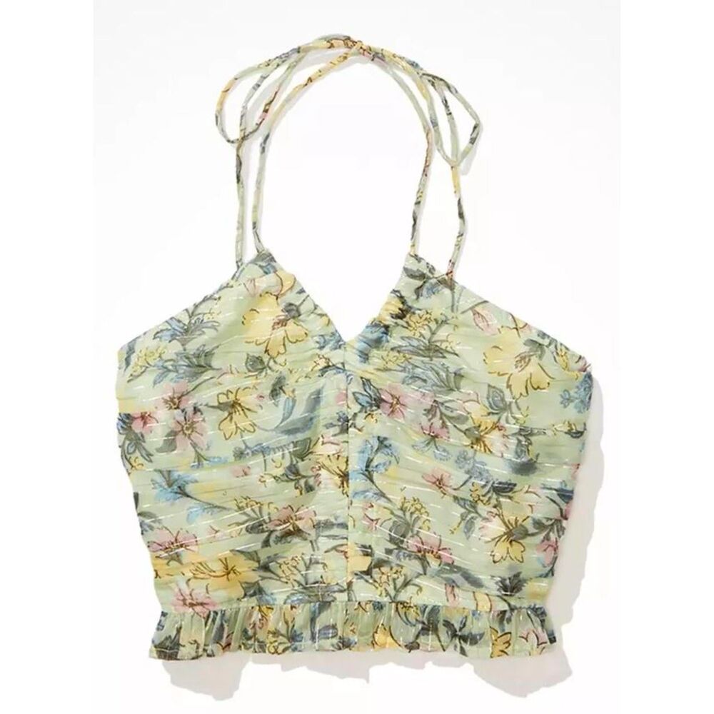 NEW AE American Eagle women's shirt L Cinched halter crop top tank floral green